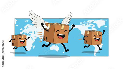 Set of happy cardboard shipping boxes race across a world map background with one box flying with white wings.