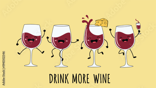 Four festive glasses of red wine dance together with happy faces while one carries a piece of cheese as a snack.