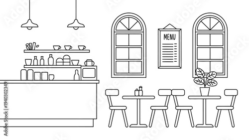 Line drawing of a cafe interior with tables and chairs and kitchen