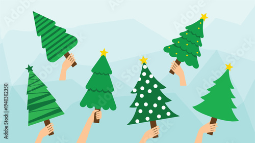 Multiple human hands hold up various decorated green christmas trees against a blue winter landscape background.