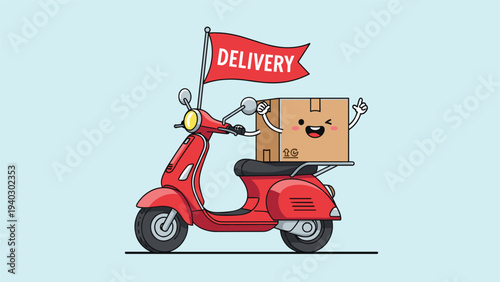 Smiling cardboard shipping box is delivered on the back of a classic red scooter with a festive delivery flag.