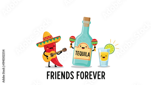 Red chili pepper in a sombrero plays a guitar while a tequila bottle and shot glass celebrate their friendship.