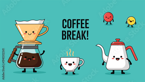 Selection of cute coffee brewing equipment including a dripper pot and kettle enjoy a relaxing coffee break together.