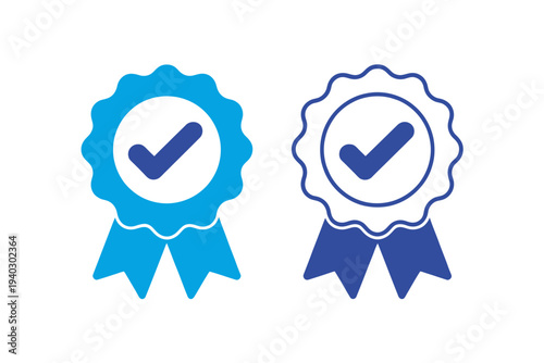 Blue and white checkmark rosette ribbons for approval or certification symbols