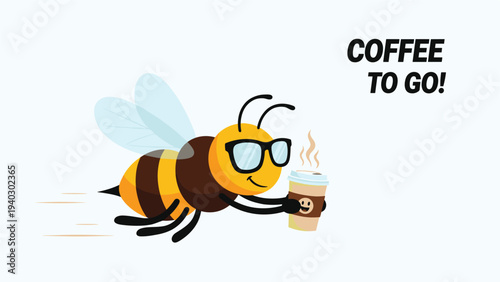 Busy bee wearing cool sunglasses flies through the air while carrying a cup of hot coffee to go for a boost.