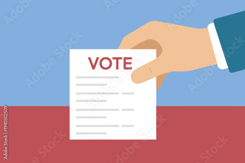 Hand holding a vote ballot paper for election or referendum  democracy concept