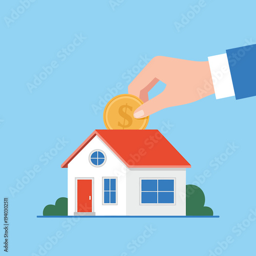 Hand putting gold coin on top of a small white house with red roof