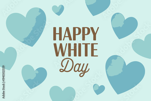 Happy white day greeting card with blue hearts on light blue background