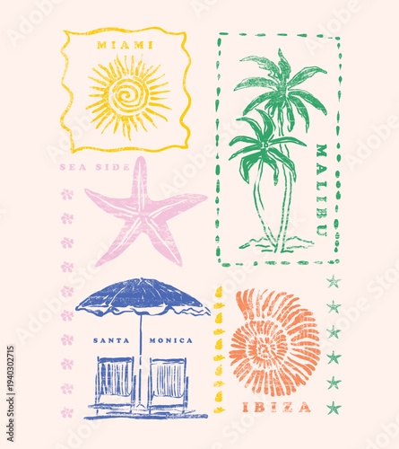 summer print design in vector. tropical beach t-shirt design. hand drawing vector graphic. sunset, star fish, palm tree, relax char with umbral together beach name make print artwork.  