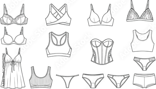 Women’s Lingerie Illustration Vector Featuring Bras, Panties, Corsets, Camisoles, Sports Bras, Fashion Symbol, and Marketplace Success for Creative Projects