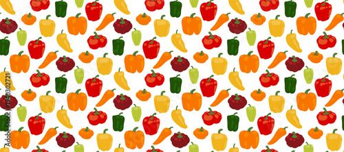Seamless Vector Pattern with Various Bell Peppers and Chili, Flat Illustration