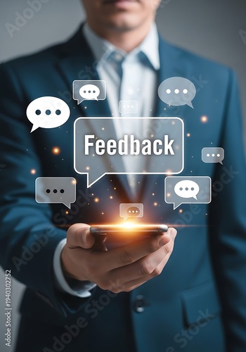 Businessman holding phone with feedback messages mobile