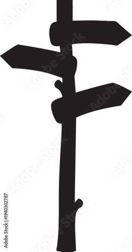 Wooden directional signpost silhouette with three arrows pointing different ways on white background