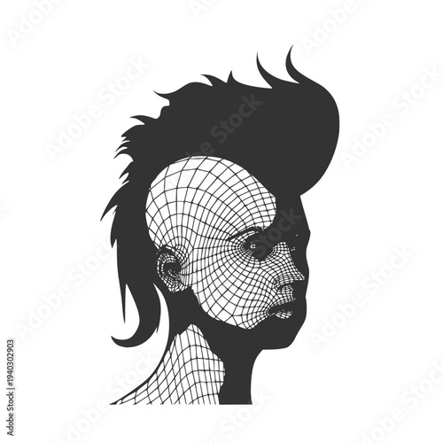 Head of the person from a 3d grid. Human head wire model. Young woman face half turn view. Mohawk hairstyle
