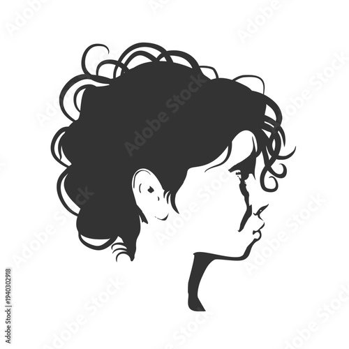 Young woman face side view in low key style. Elegant silhouette of a female head. Positive emotions.