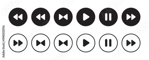 Professional video navigation icon set with diverse circular playback controls in monochrome vector design