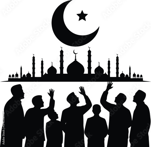 Muslim worshipers praying at mosque silhouette vector illustration.