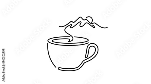 Single Continuous Line Coffee Cup with Mountain Steam Minimal Travel Lifestyle Vector Illustration