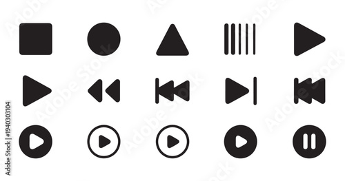 Set of black play, pause, stop, next, and back buttons, media player icons, control button set on white
