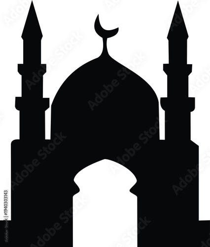 Islamic mosque silhouette with minarets and dome under crescent moon on white background festive