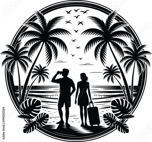 Tropical beach travel emblem silhouette couple with suitcase under palm trees watching ocean sunset birds summer vacation tourism adventure island logo illustration design