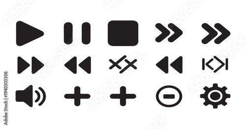 Various media and control icons play pause stop fast forward rewind volume mute settings and more icons