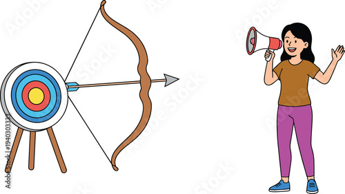 Archery target with bow and arrow illustration, woman speaking through megaphone communication announcement concept