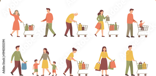 Diverse group of people shopping with grocery carts and bags flat vector illustration set for supermarket retail commerce