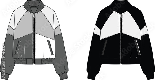 Bomber jacket front view vector illustration, casual fashion outerwear clothing design template collection