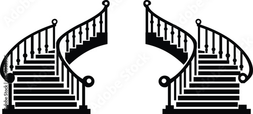 Two elegant antique spiral staircases with decorative railings vector illustration isolated