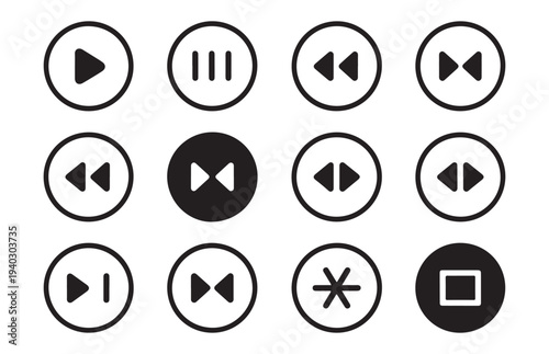 Set of media player icons in black circles isolated on white background for web and mobile design project