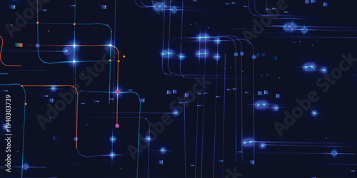 Futuristic Neon Data Network Background with Glowing Nodes and Connected Lines, Abstract Digital Technology Grid on Dark Blue Backdrop