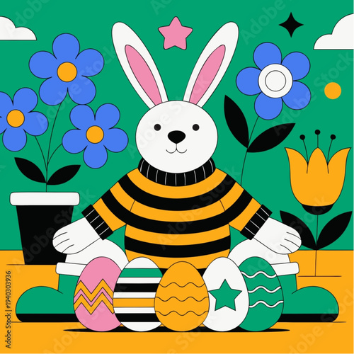 “Easter Bunny with Decorative Eggs and Flowers – Spring Holiday Vector”