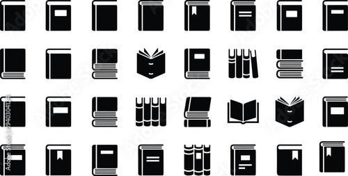 Set of book icons including library stacks open notebooks textbook symbols and literature flat vector glyphs for education digital reading web design and publishing