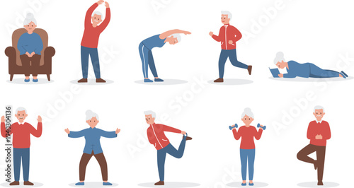 Active senior elderly people exercising doing yoga stretching and physical workout for healthy lifestyle flat vector illustration set