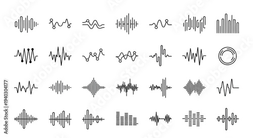 Comprehensive Black Outline Sound Wave and Audio Bars Icons Set on Isolated White Background, Sound Engineering