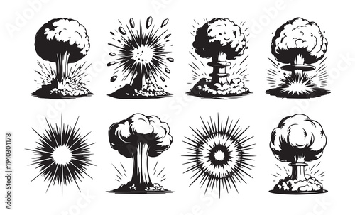 Explosion effects and mushroom clouds, blast waves and debris, science and destruction elements