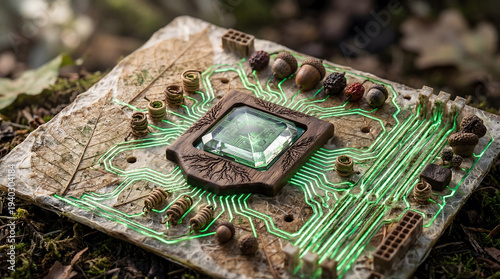 Futuristic organic computer processor with glowing green circuits on natural tree bark and central crystal, concept of green technology and sustainable eco-friendly computing.