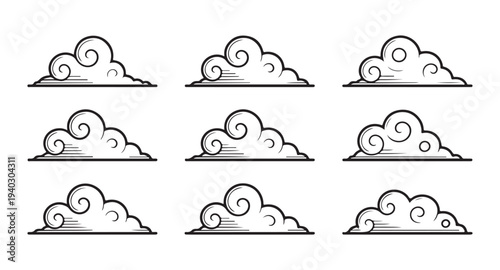 Set of nine hand-drawn traditional oriental clouds or smoke elements with swirly patterns