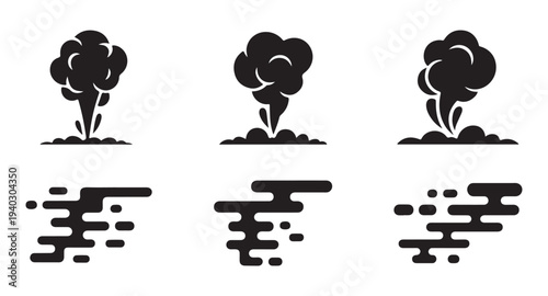 Collection of black cartoon smoke elements representing explosions or speed movement