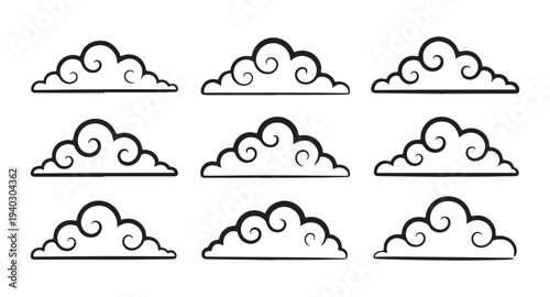 Set of nine hand-drawn traditional oriental clouds or smoke elements with thick outlines