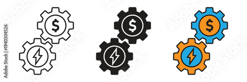 Interconnected gears featuring a dollar sign and lightning bolt, symbolizing cost-effective energy solutions, industrial efficiency, and financial engineering processes.