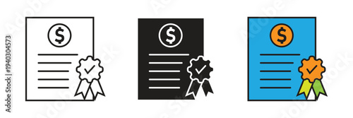Official financial certificate or contract document featuring a dollar sign and a verified seal for banking, legal, and investment.