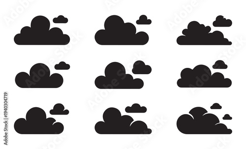 Collection of flat design cloud icons with small clouds scattered around large cloud formations isolated on white