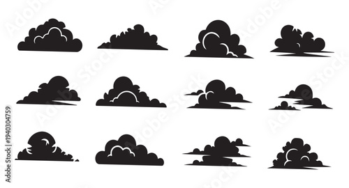Stylized cloud illustrations featuring shadow effects and dramatic shapes for graphic design and weather themes