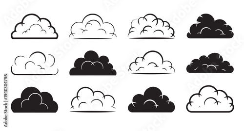 Cloud illustrations with outline and filled variations in flat design style for weather and sky themes