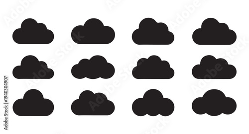 Collection of black cloud silhouettes in different shapes and sizes, isolated on white background, representing weather.