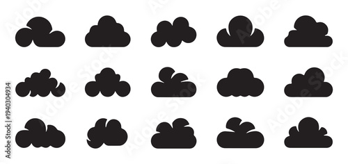 Set of black cloud icons, diverse shapes for weather apps, vector illustration on white background