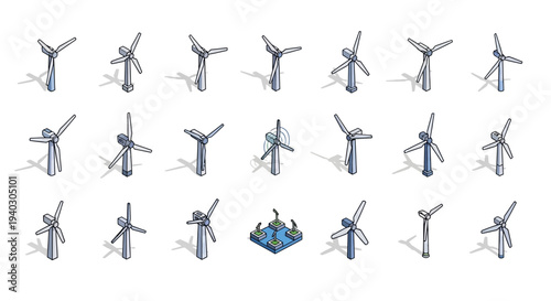 Isometric Wind Turbine Icons Renewable Energy Sustainability Isolated White Background
