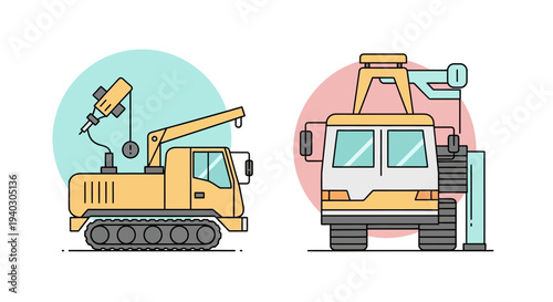 Construction Vehicles Icons Excavator Dump Truck in Bright Studio